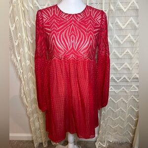 French Connection Lace Swiss Dot Dress Red Long Sleeves Size Small Silk Blend